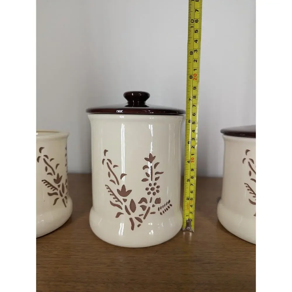 Vintage Holiday Designs USA Canister Set Of 3 Ceramic Brown White Floral Cut Out